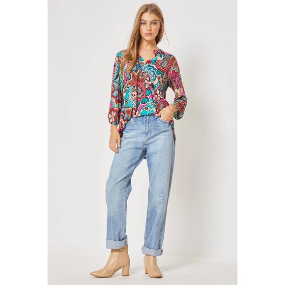 Dear Scarlett Women's Lizzy Paisley Long Sleeve V-Neck Blouse Top in Multi Color - Picture 2 of 5